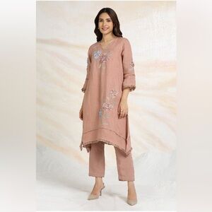 Embroidered Pink Linen Set, XL